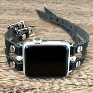 Black Leather Silver Jewelry Band for Apple Watch